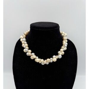 VTG Napier 16"  3 Shades of Faux Pearls Cluster Necklace w/Filigree Safety Clasp